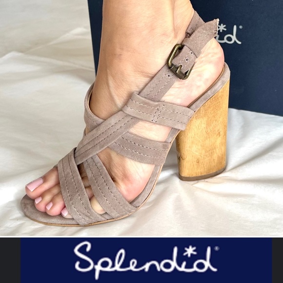 SPLENDID “Flash” Taupe Suede Strappy Wood Heel - Picture 14 of 15